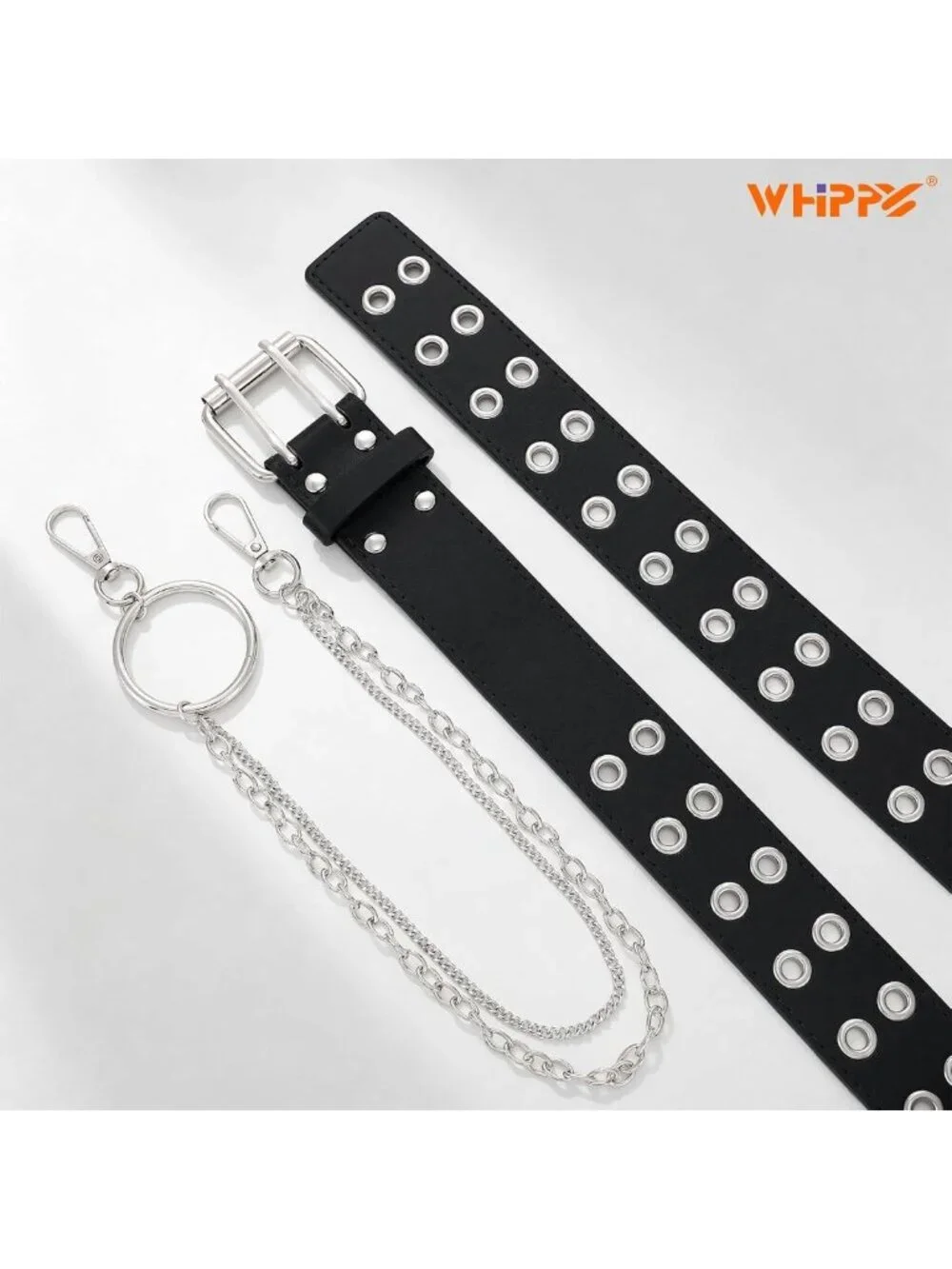 Vintage Punk Rock Double Grommet Belt for Women & Men - PU Leather, Chain Detail